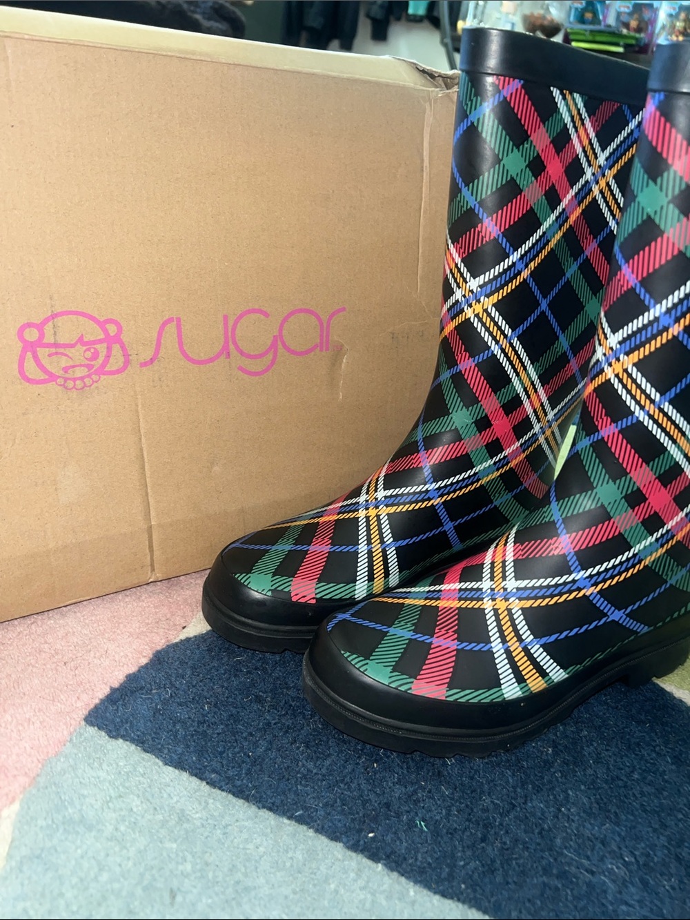 Sugar Black Plaid Rain Boots with Red, Green, Blue, Yellow